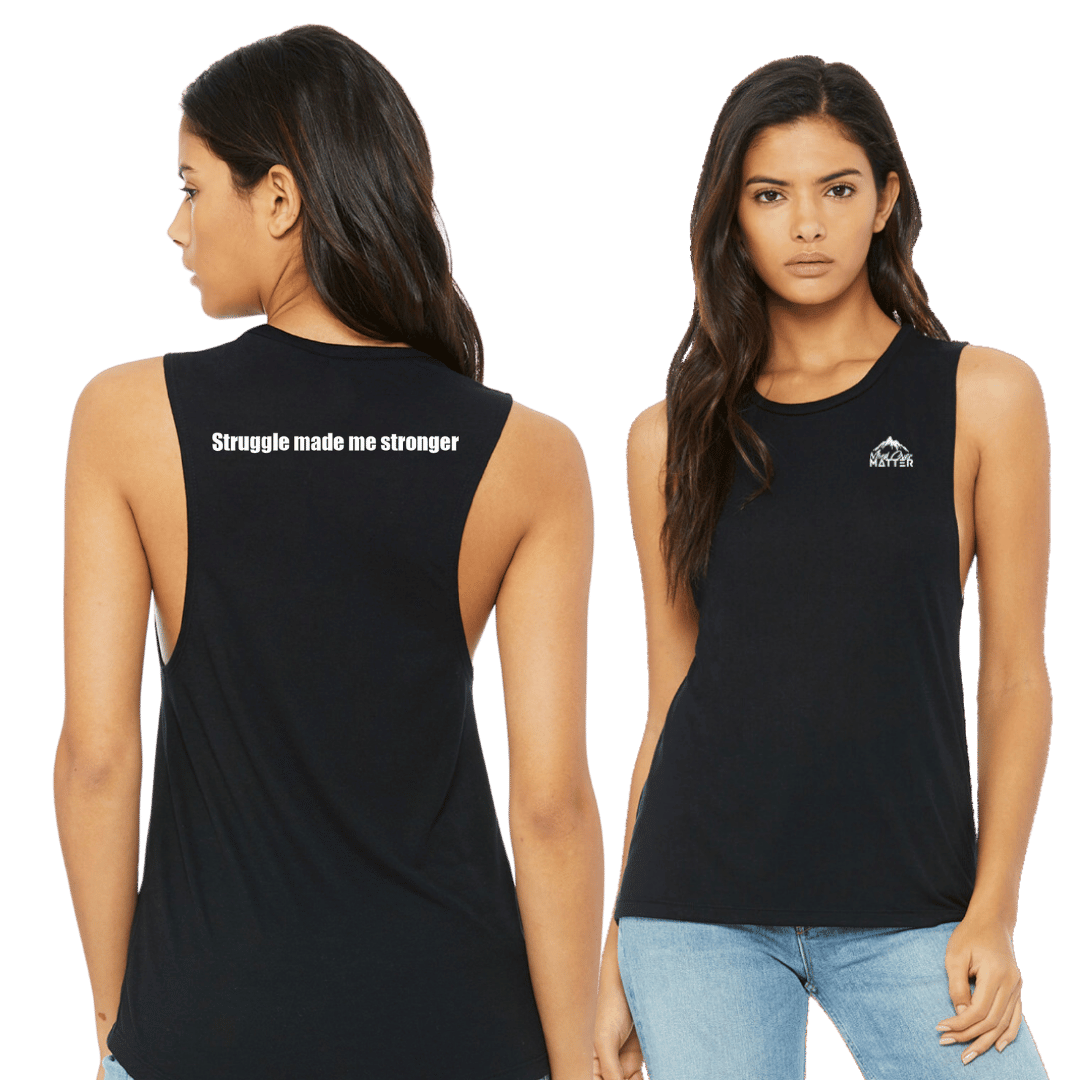 Women's Flowy Muscle Vest 'STRUGGLE MADE ME STRONGER' slogan.